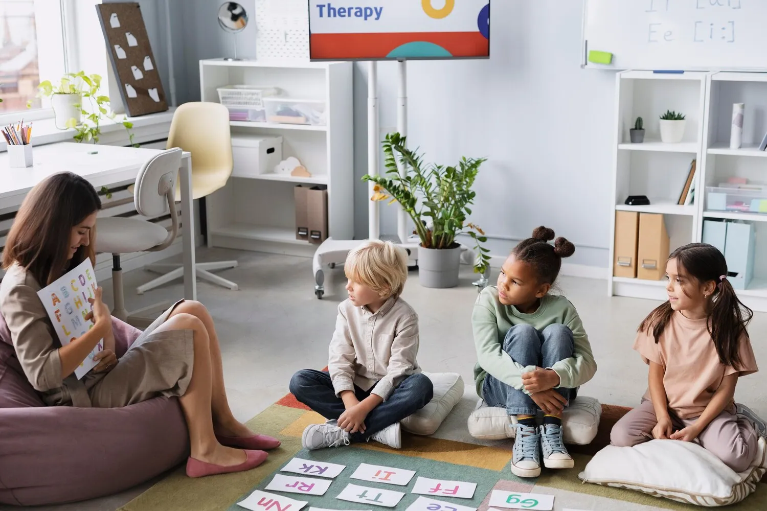 Children and adults seated together in a play and learning room